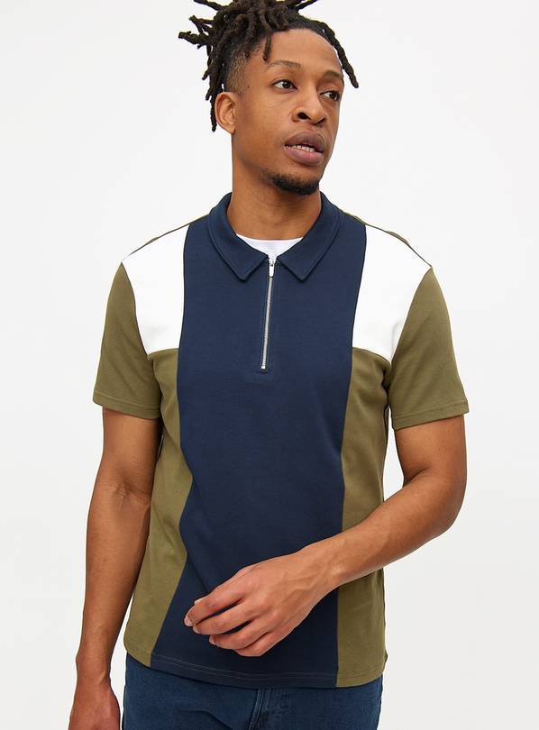 Navy Colour Block Zip Polo Shirt M